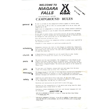 1960s Niagara Falls Grand Island NY KOA Campground Rules and Map D23