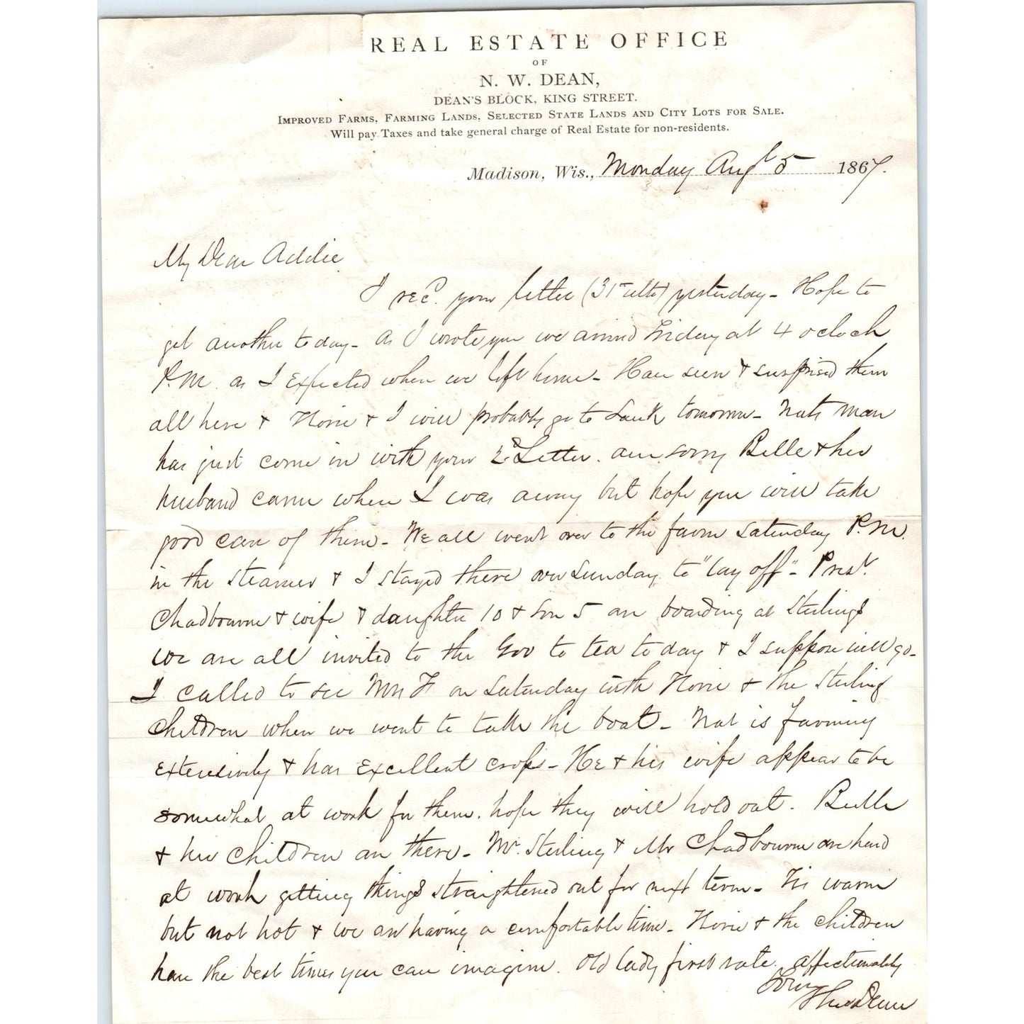 1867 Real Estate office of N.W. Dean Madison Wisconsin Handwritten Letter D21