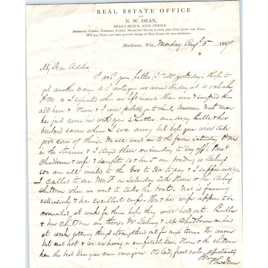 1867 Real Estate office of N.W. Dean Madison Wisconsin Handwritten Letter D21