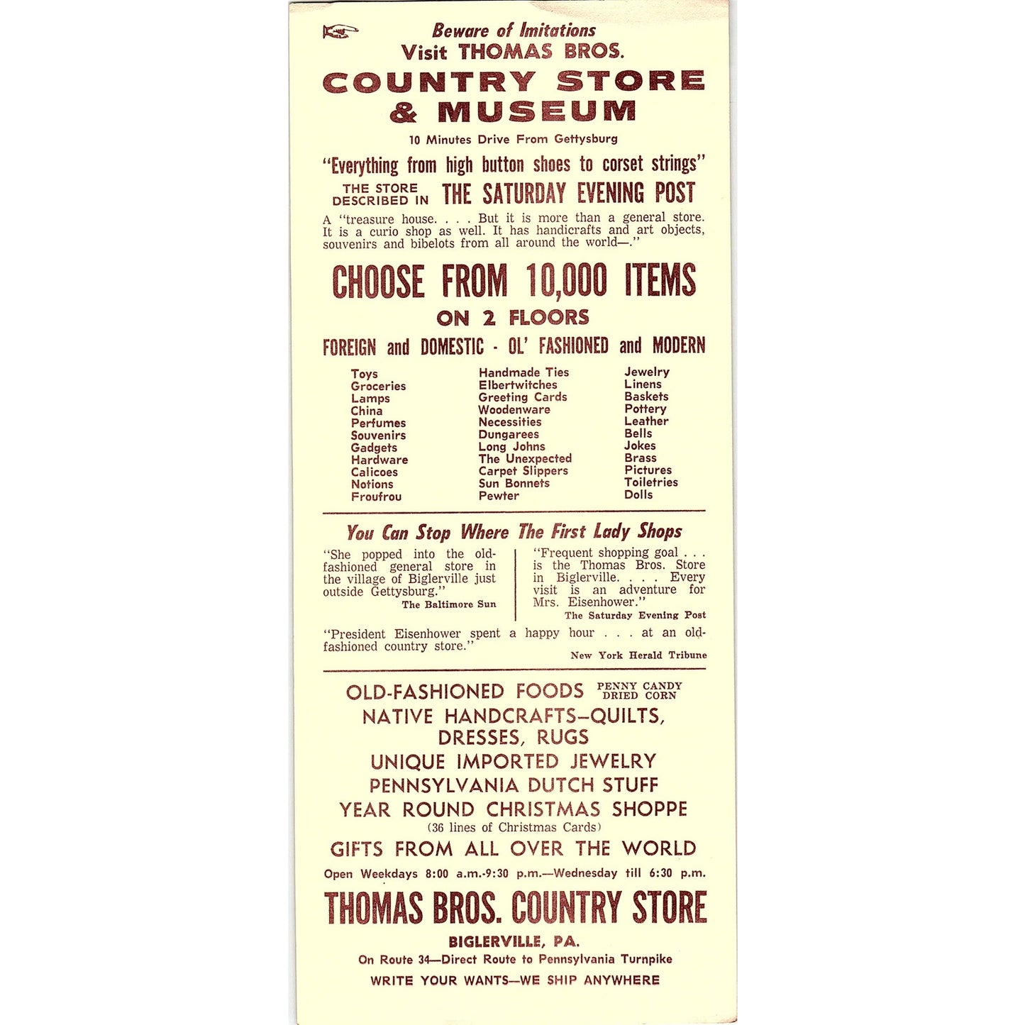 Thomas Bros. Country Store Biglerville PA Vintage Travel Leaflet TH2-TB5