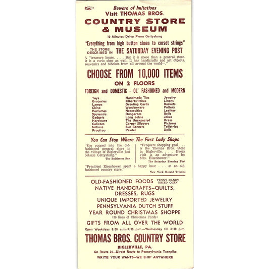 Thomas Bros. Country Store Biglerville PA Vintage Travel Leaflet TH2-TB5