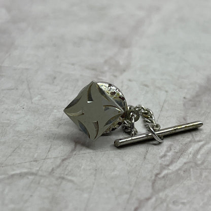 Vintage MCM Square Etched Starburst Design Tie Tack Pin & Chain Silver Tone SE5