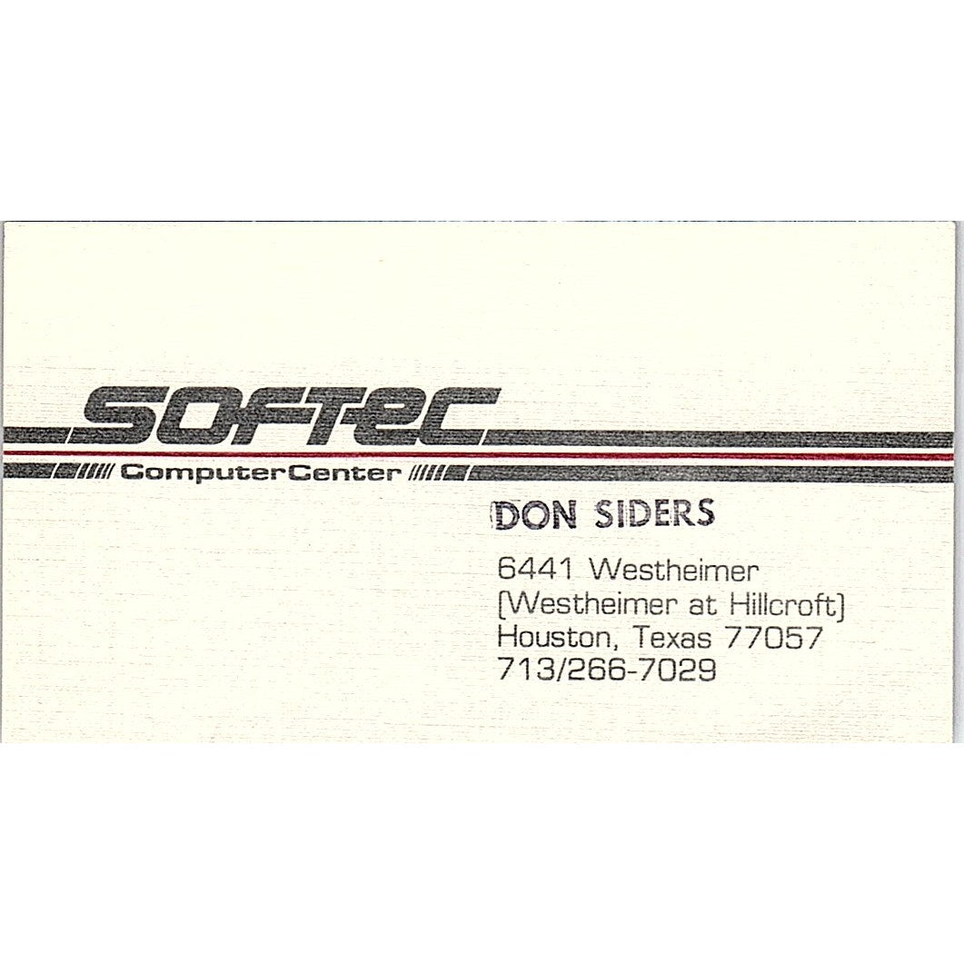 Don Siders Softec Computer Center Houston TX Vintage Business Card SD9-B2