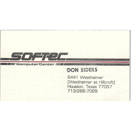 Don Siders Softec Computer Center Houston TX Vintage Business Card SD9-B2