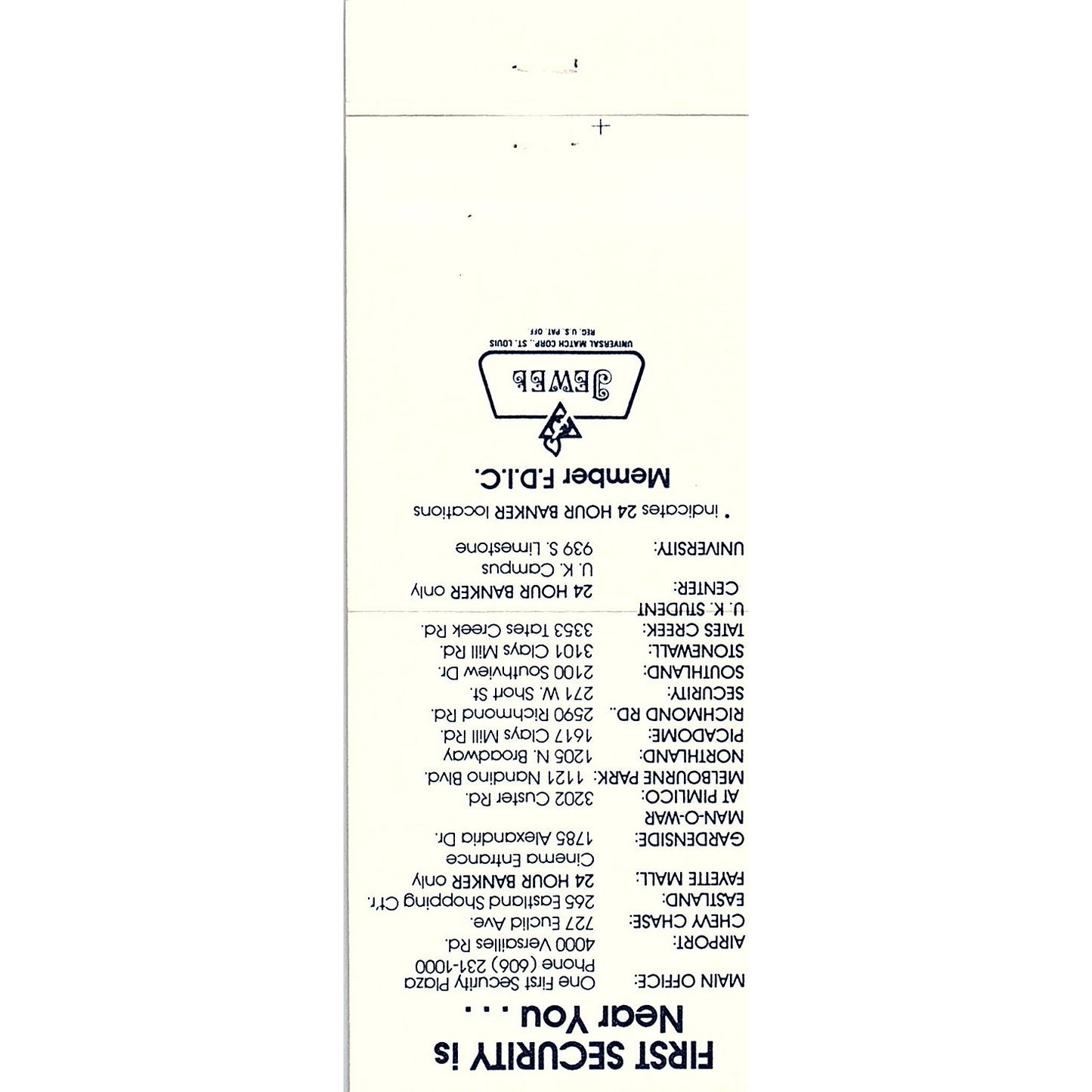 First Security Bank Lexington KY Vintage Matchbook TB6-MB2-8