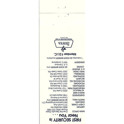 First Security Bank Lexington KY Vintage Matchbook TB6-MB2-8