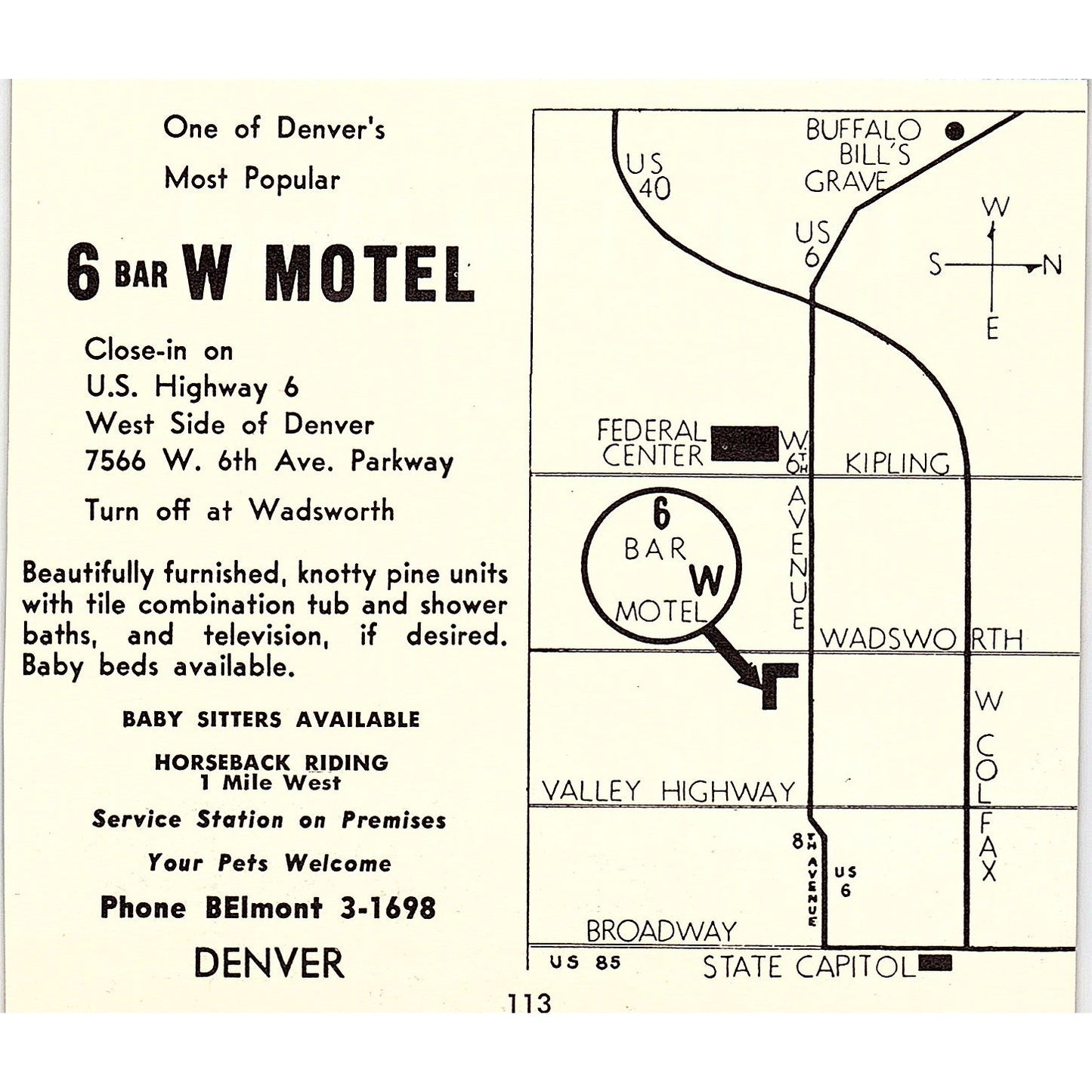6 Bar W Motel, Trail's End Motel Frank & Elly Storatz Denver CO 1958 Ad AG1-H1