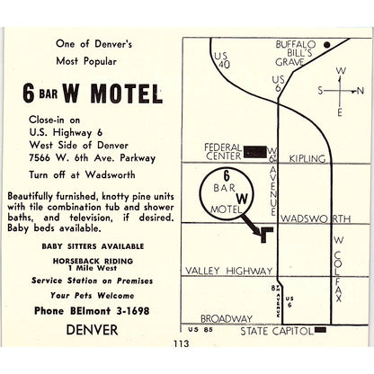 6 Bar W Motel, Trail's End Motel Frank & Elly Storatz Denver CO 1958 Ad AG1-H1