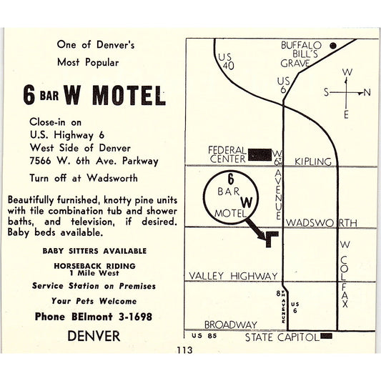 6 Bar W Motel, Trail's End Motel Frank & Elly Storatz Denver CO 1958 Ad AG1-H1