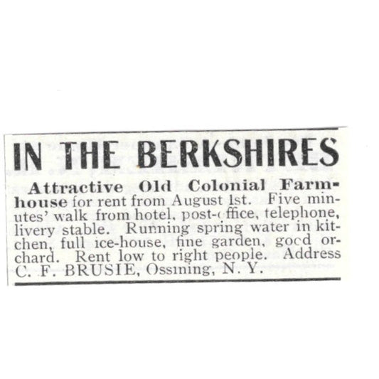 Berkshires Farmhouse C.F. Bruise Ossining NY 1903 Magazine Ad AF7-SS1