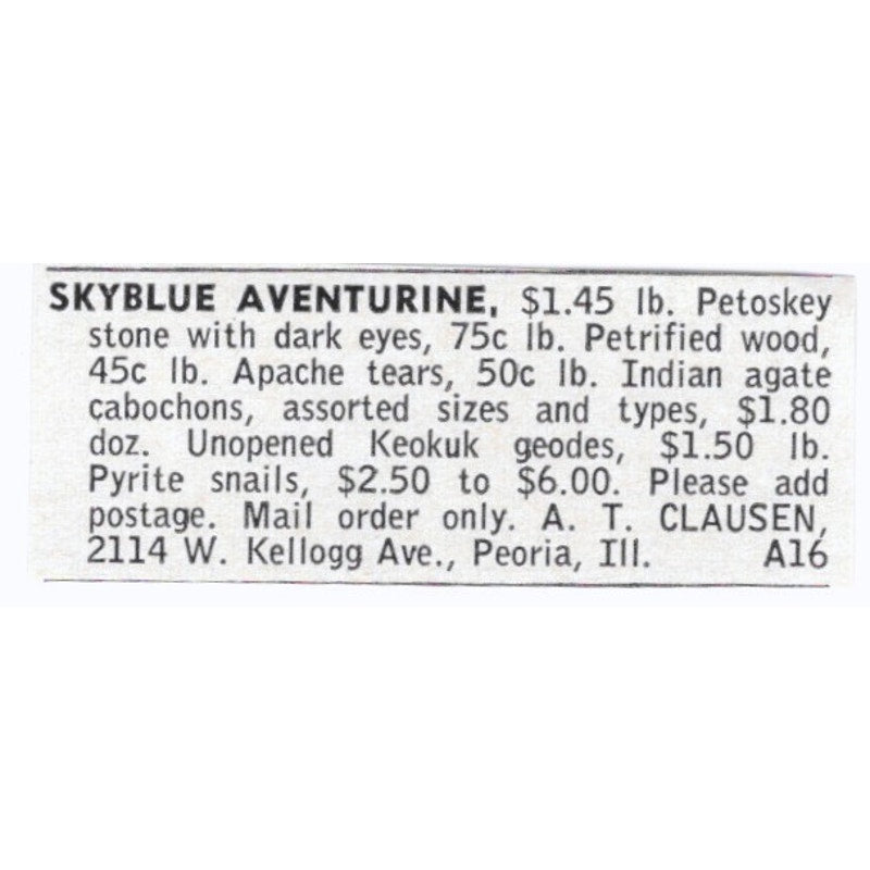 A.T. Clausen Skyblue Aventurine Peoria IL 1964 Magazine Ad AK6-S8