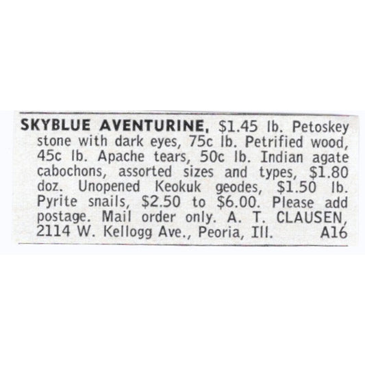 A.T. Clausen Skyblue Aventurine Peoria IL 1964 Magazine Ad AK6-S8