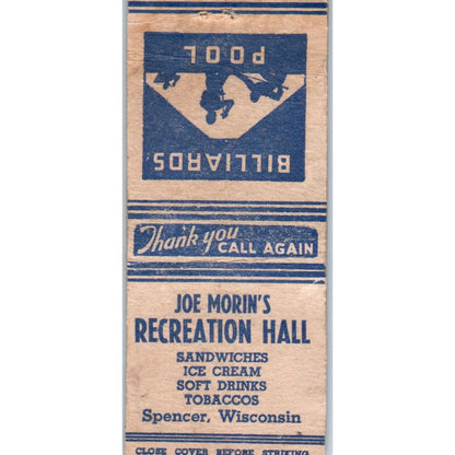 Joe Morin's Recreation Hall Billiards Spencer WI Vintage Matchbook Cover SD2-Y13