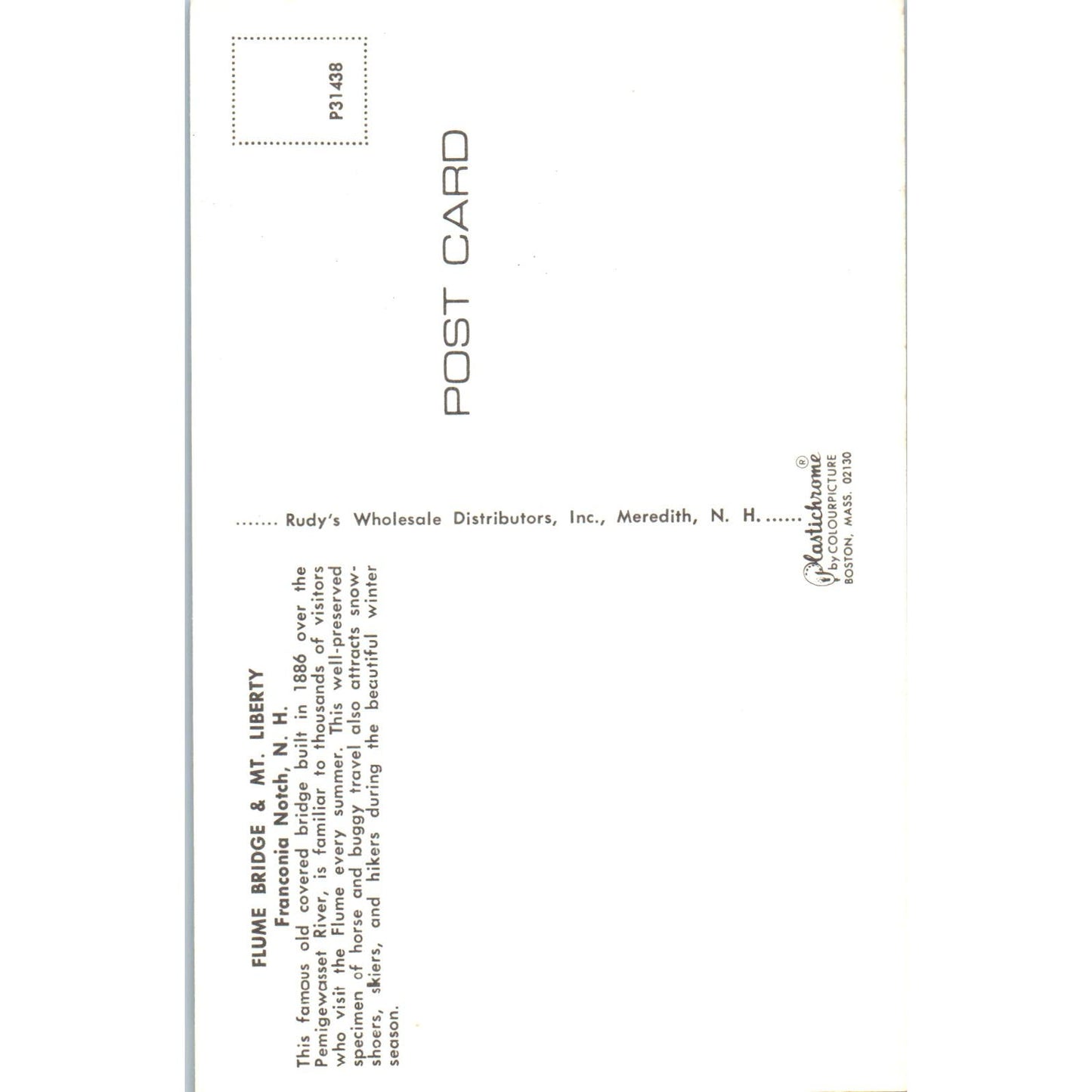 Flume Bridge Mt. Liberty Franconia Notch NH Covered Bridge Postcard PC6