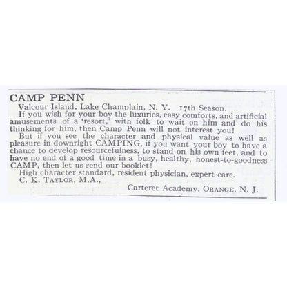 Camp Penn C.K. Taylor Carteret Academy Orange NY c1918 Advertisement AE5-SA2