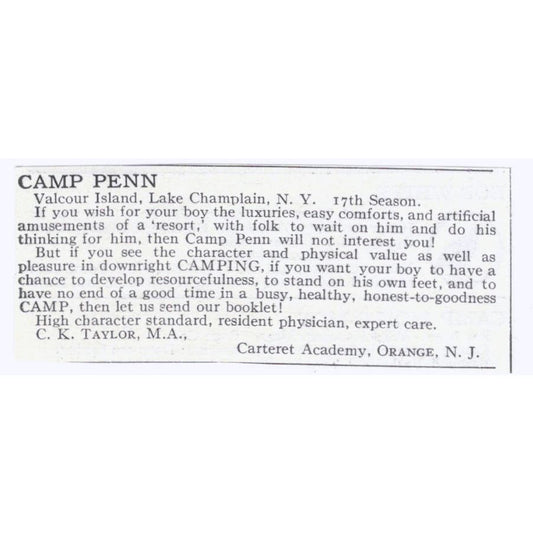 Camp Penn C.K. Taylor Carteret Academy Orange NY c1918 Advertisement AE5-SA2