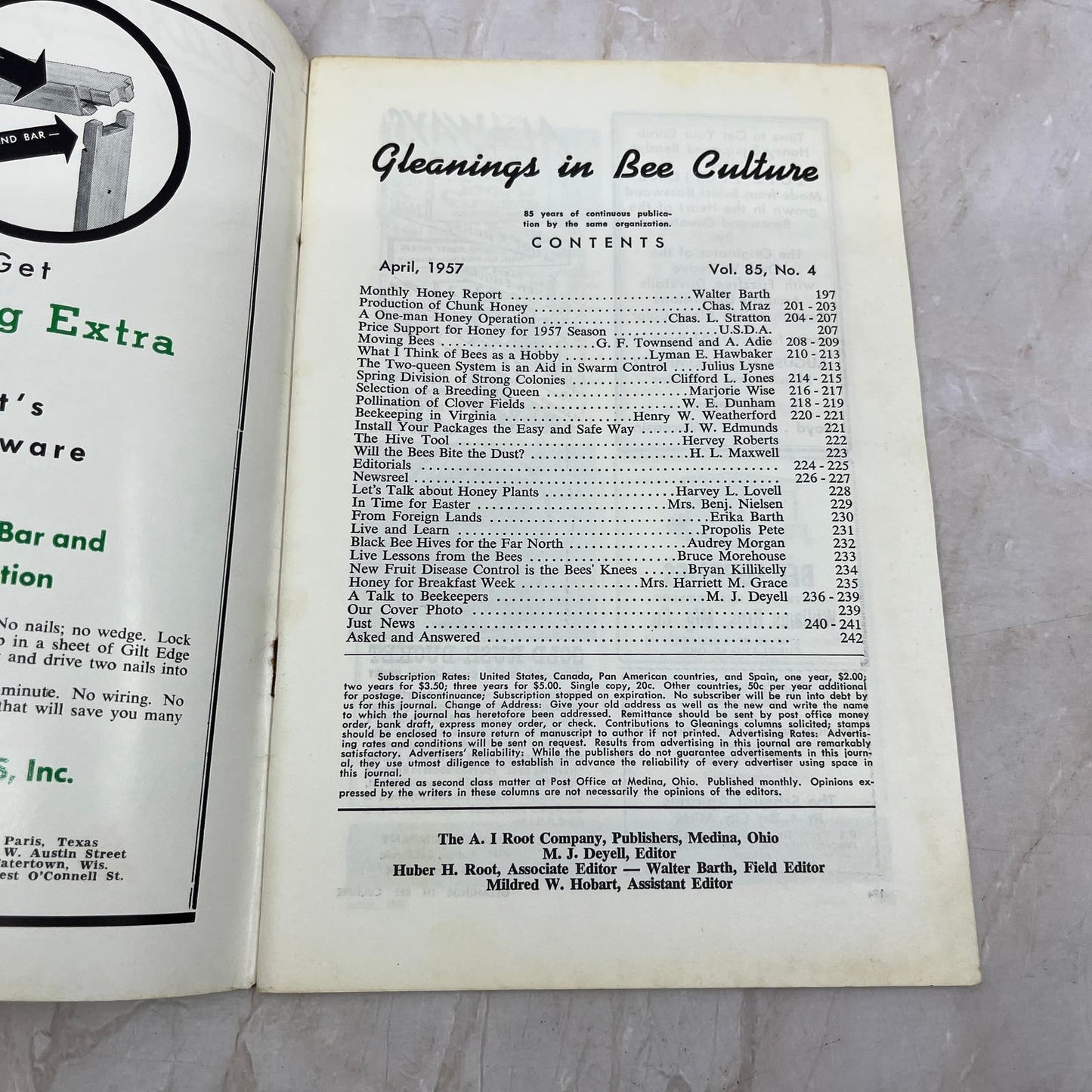 1957 April Gleanings in Bee Culture Magazine Bees Beekeeping Honey TD7