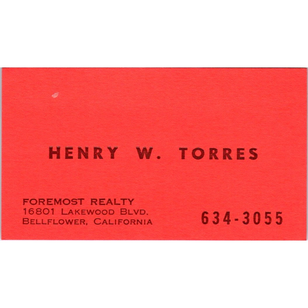 Henry W. Torres Foremost Realty Bellflower CA Vintage Business Card SD8-B1