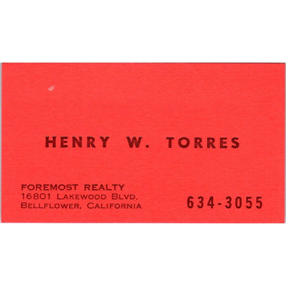Henry W. Torres Foremost Realty Bellflower CA Vintage Business Card SD8-B1