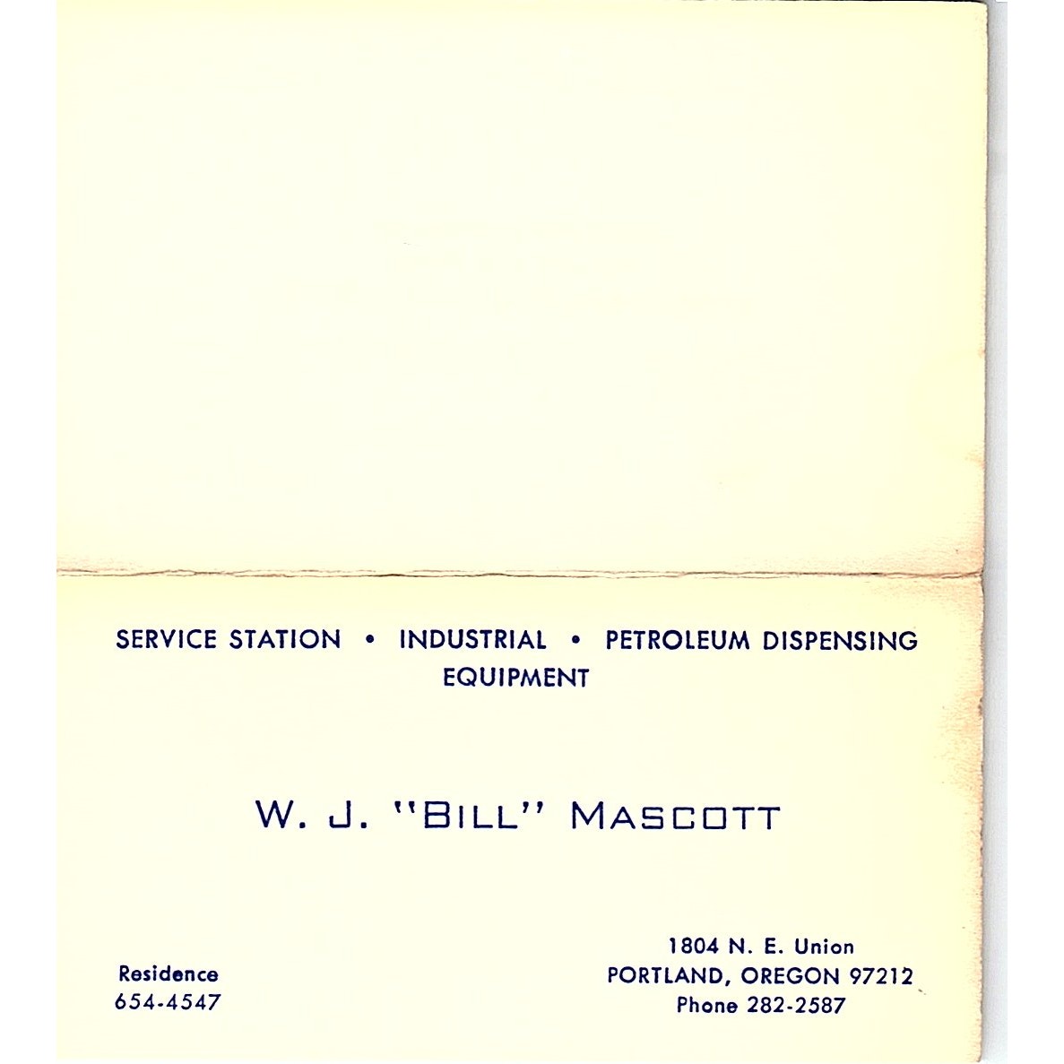 W.J. "Bill" Mascott Portland Oregon Vintage Business Card SB4-B4