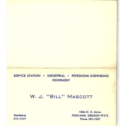 W.J. "Bill" Mascott Portland Oregon Vintage Business Card SB4-B4