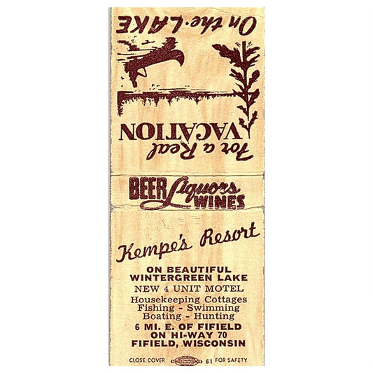 Kemps Resort on Wintergreen Lake Fifield WI Vintage Matchbook Cover SC7-Y2