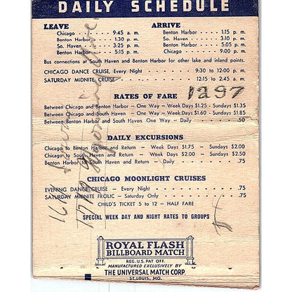 SS Theodore Roosevelt Steamship Navy Pier Vintage Large Matchbook Cover TH2-Y3