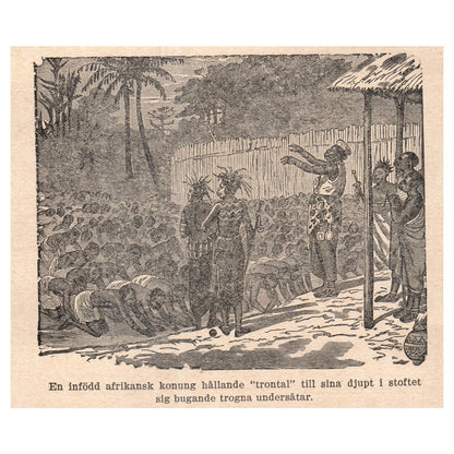 Native African king giving a "throne speech" 1909 Swedish Engraving Print AF5-14