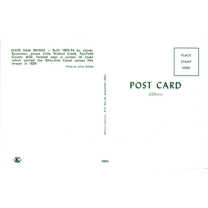 State Dam Bridge Little Walnut Creek Fairfield Cty Covered Bridge Postcard PB10