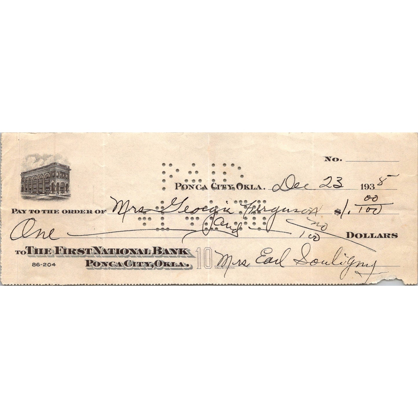 1935 Ponca City Oklahoma First National Bank Check AK7-6