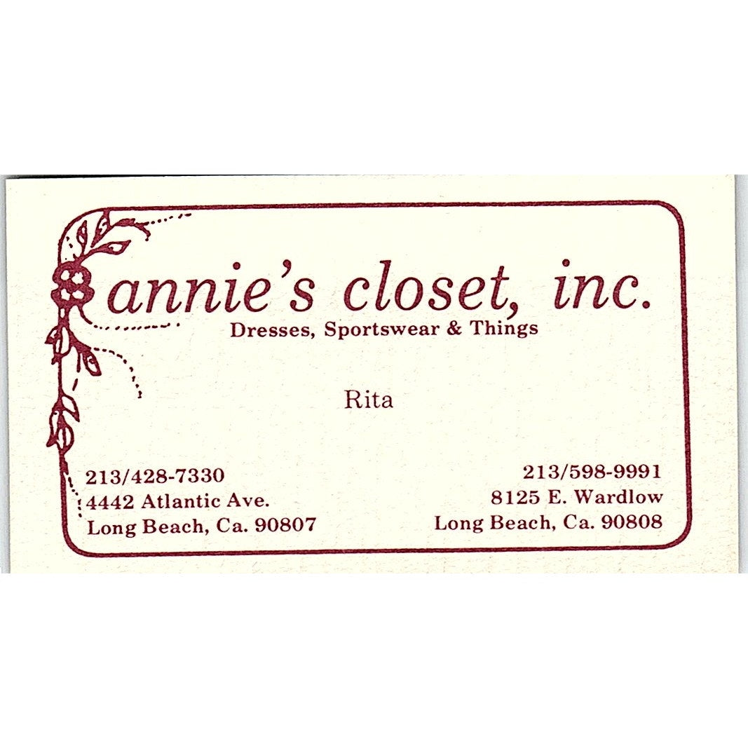 Annie's Closet Inc Rita Long Beach CA Vintage Business Card SD9-B14