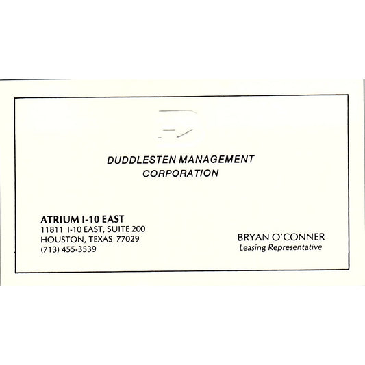 Bryan O'Connor Duddlesten Management Corp Houston Vintage Business Card SE3-B14