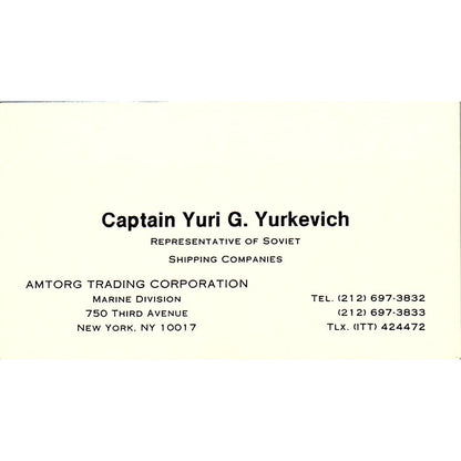 Captain Yuri G Yurkevich Amtorg Trading Co NY Vintage Business Card SC9-B4
