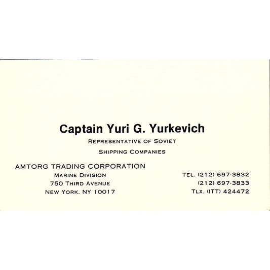 Captain Yuri G Yurkevich Amtorg Trading Co NY Vintage Business Card SC9-B4