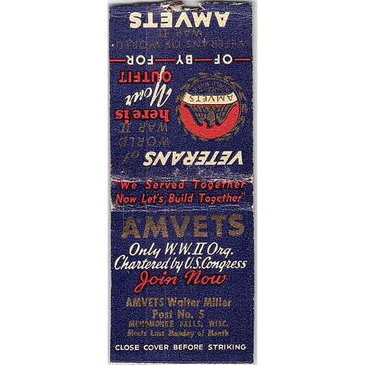 Amvets Walter Miller Post No 5 Menomonee Falls WI Vintage Matchbook Cover SC7-Y6