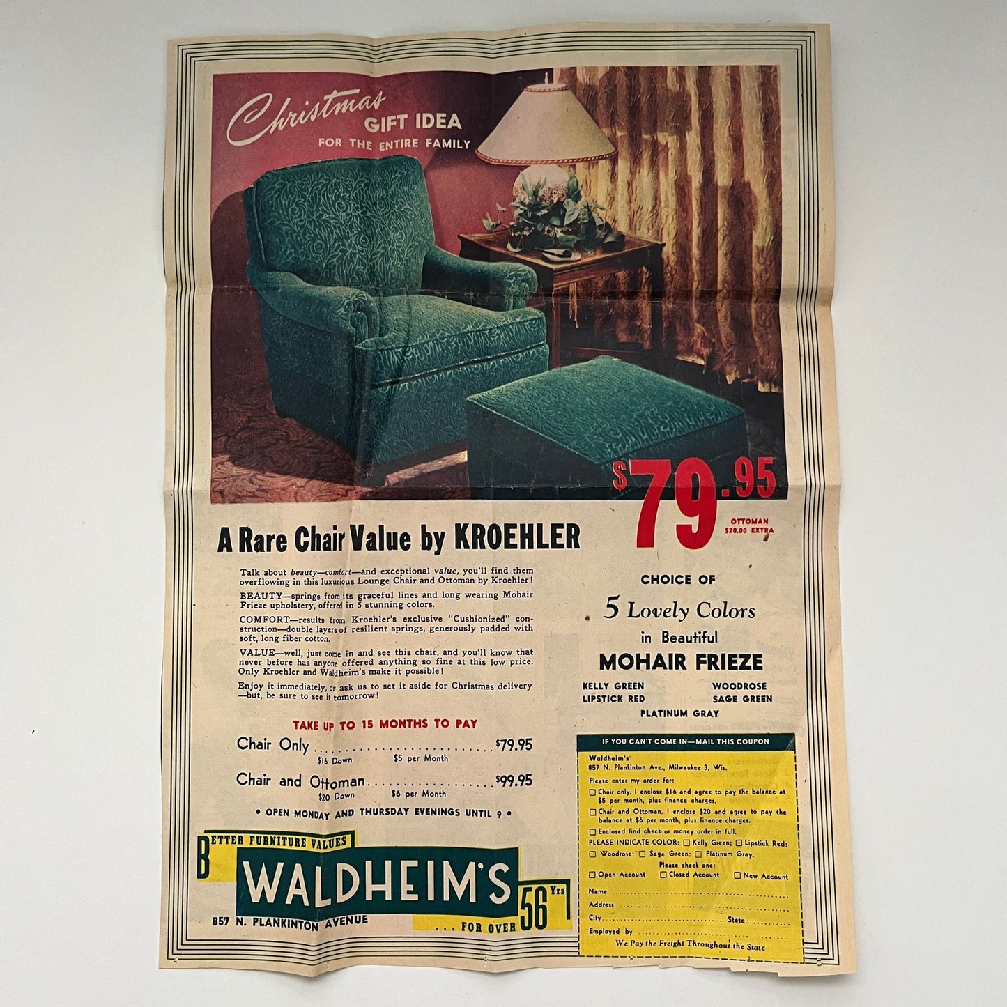 Waldheim's Furniture Kroehler Mohair Chair Christmas Sale 1948 Ad AG3-3