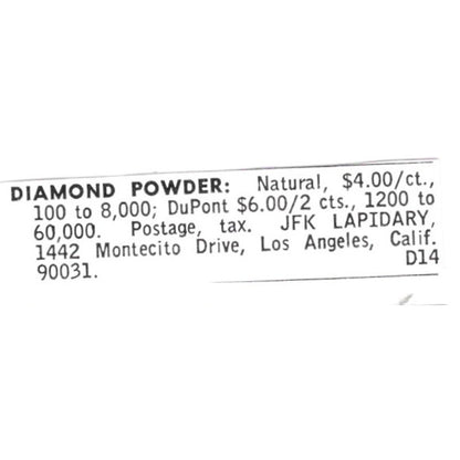 JFK Lapidary Diamond Powder Los Angeles CA 1972 Ad AF8-S18