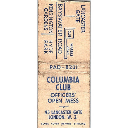 Columbia Club Officers' Open Mess Lancaster Gate London Matchbook Cover SF3-Y1