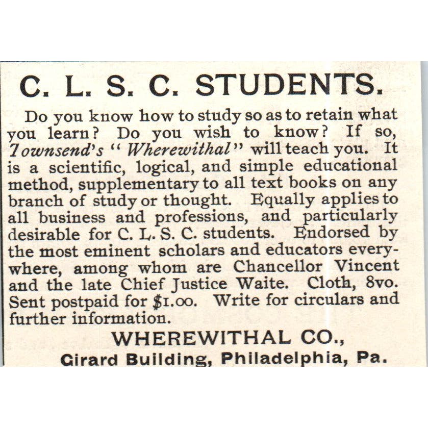 Townsend's Wherewithal for CLSC Students Advertisement 1890 Victorian Ad AE8-CH9