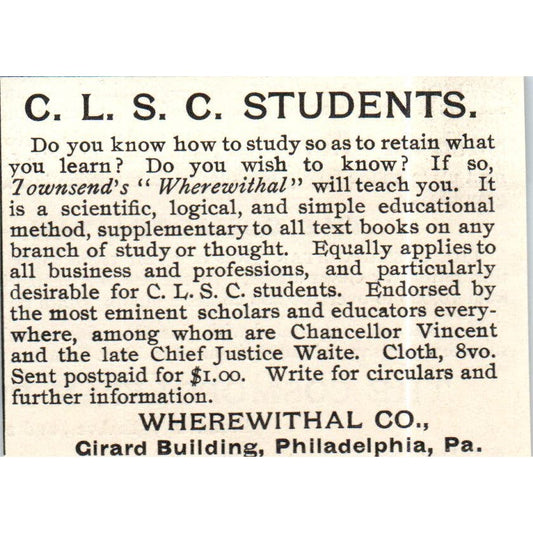 Townsend's Wherewithal for CLSC Students Advertisement 1890 Victorian Ad AE8-CH9