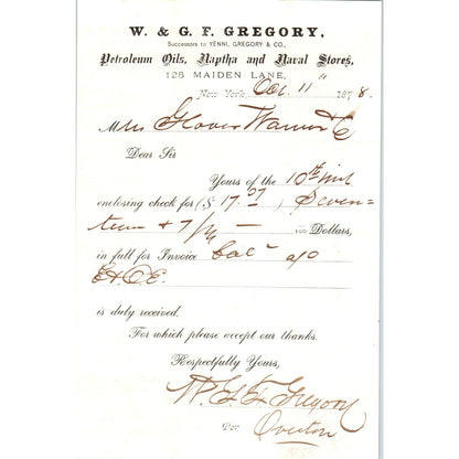 1878 W & G.F. Gregory Petroleum Maiden Lane NY Receipt Letterhead D24