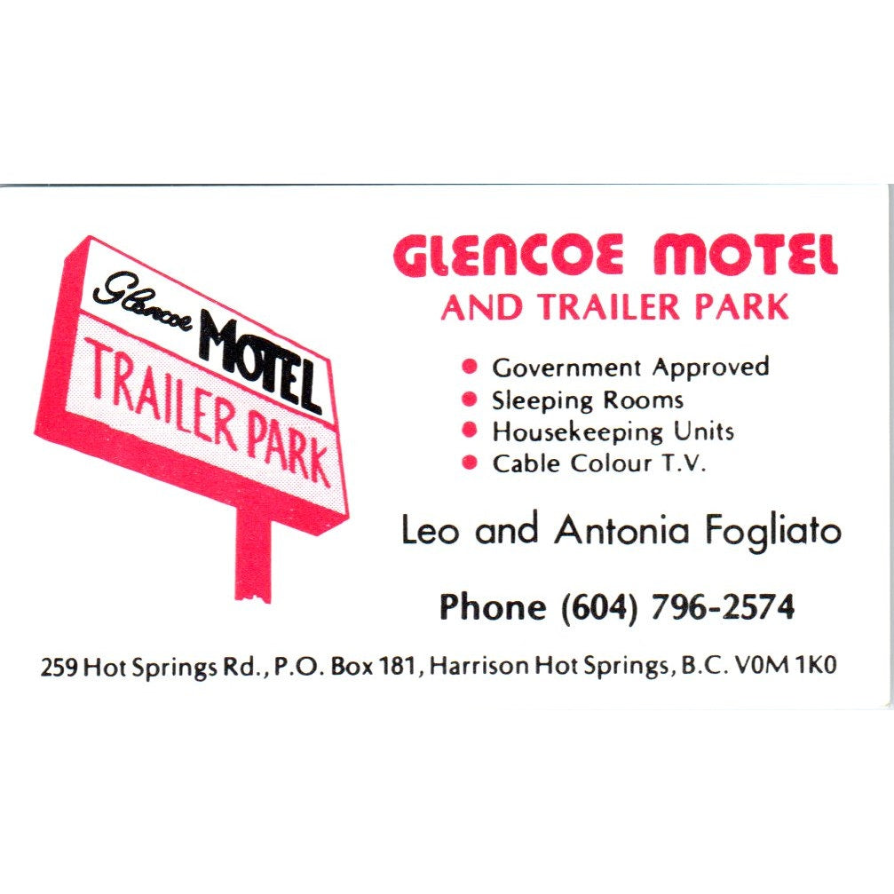 Glencoe Motel & Trailer Park Leo Fogliato Hot Springs BC Business Card SE3-B1