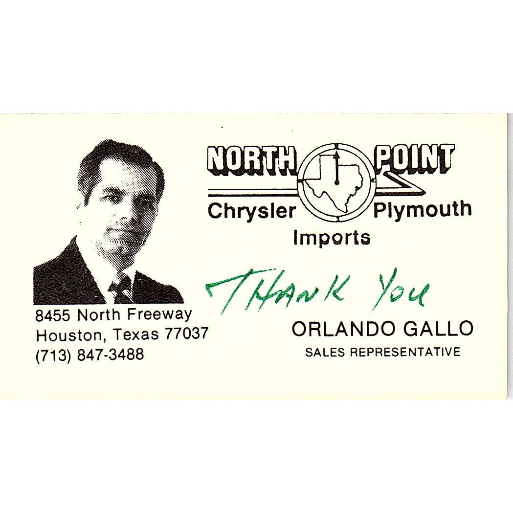 Orlando Gallo North Point Chrysler Plymouth Houston Vintage Business Card SD9-B6