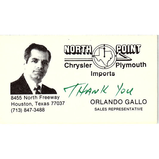 Orlando Gallo North Point Chrysler Plymouth Houston Vintage Business Card SD9-B6