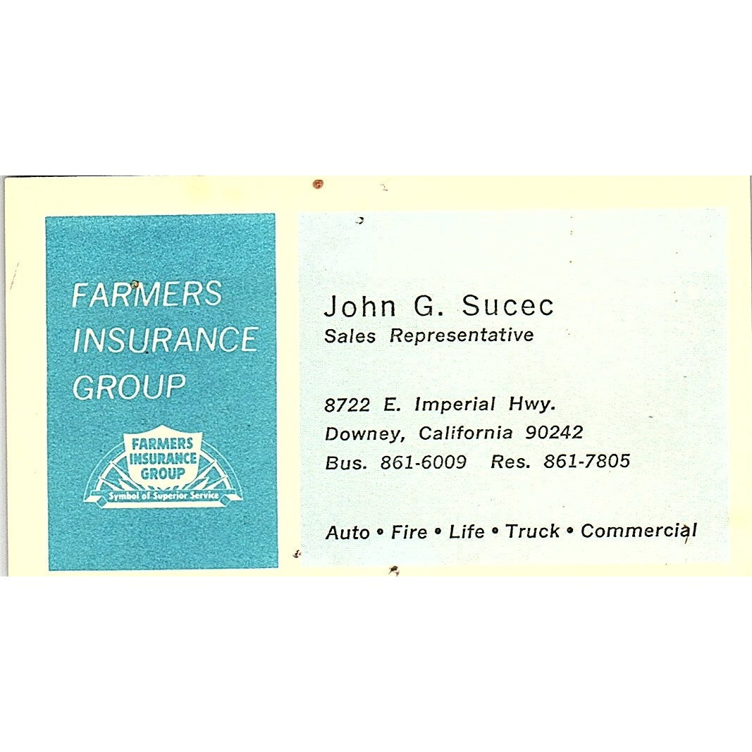 Farmers Insurance Group John G. Sucec Downey CA Vintage Business Card SB4-B3