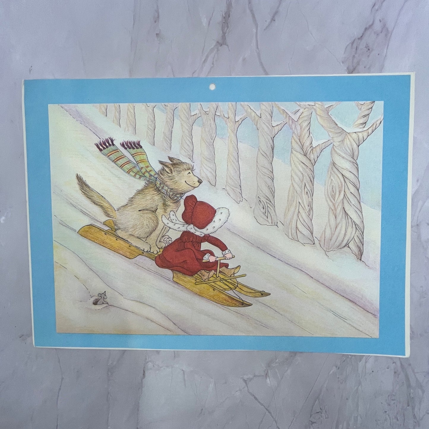 Retro Kitsch Girl and Bear Winter Sledding 9x11" Art Print V17