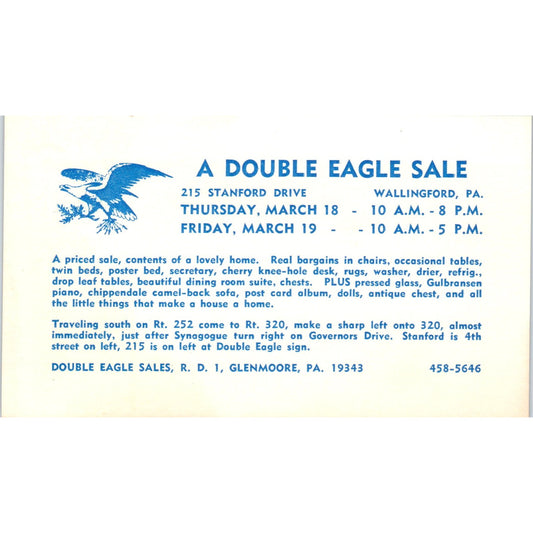 c1980 Double Eagle Sales Wallingford Glenmoore PA Advertising Postal Card PD7