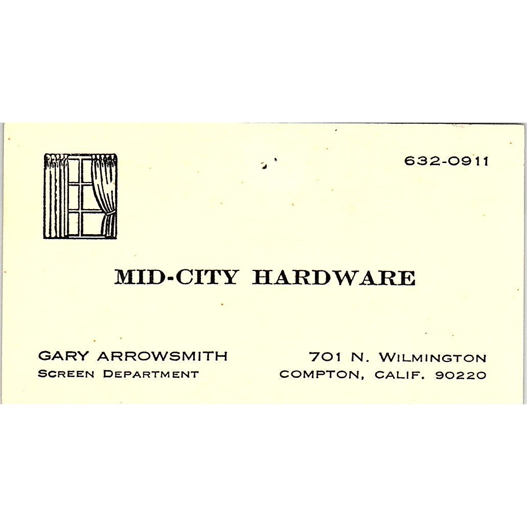 Gary Arrowsmith Mid-City Hardware Compton CA Vintage Business Card SD9-B4