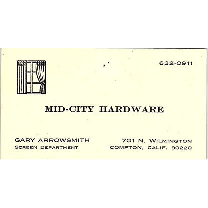 Gary Arrowsmith Mid-City Hardware Compton CA Vintage Business Card SD9-B4
