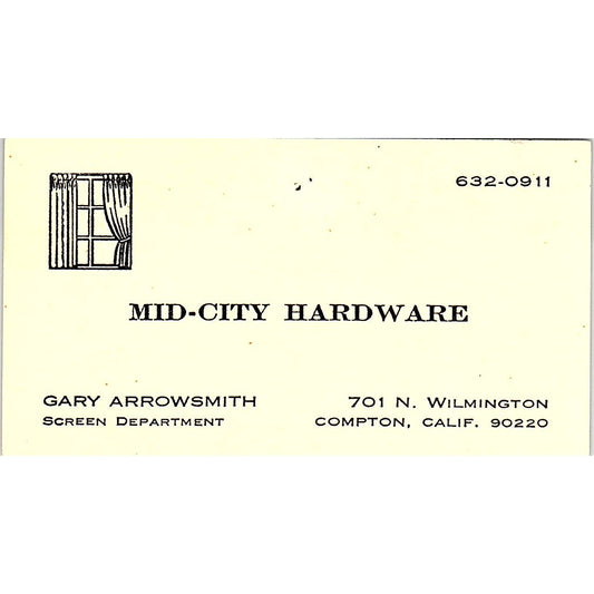 Gary Arrowsmith Mid-City Hardware Compton CA Vintage Business Card SD9-B4